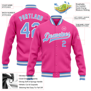 Custom Pink Light Blue-White Bomber Full-Snap Varsity Letterman Jacket
