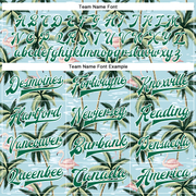 Custom Lakes Blue Kelly Green-White Flamingo And Tropical Hawaii Palm Tree 3D Bomber Full-Snap Varsity Letterman Jacket