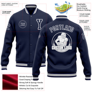Custom Navy White-Gray Bomber Full-Snap Varsity Letterman Jacket