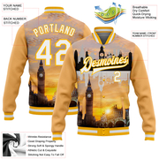 Custom Gold White Big Ben And Westminster Bridge London UK City Edition 3D Bomber Full-Snap Varsity Letterman Jacket