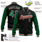 Custom Black Kelly Green-Red Bomber Full-Snap Varsity Letterman Two Tone Jacket