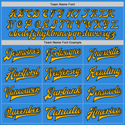 Custom Powder Blue Gold-Black Bomber Full-Snap Varsity Letterman Jacket