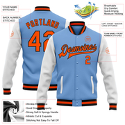 Custom Light Blue Orange-Black Bomber Full-Snap Varsity Letterman Two Tone Jacket