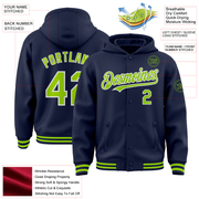 Custom Navy Neon Green-White Bomber Full-Snap Varsity Letterman Hoodie Jacket