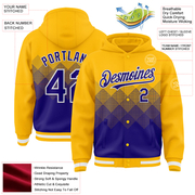 Custom Gold Dark Purple-White Gradient Square Shape 3D Pattern Design Bomber Full-Snap Varsity Letterman Hoodie Jacket