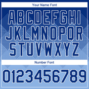 Custom Royal Light Blue-White Gradient Square Shape 3D Pattern Design Bomber Full-Snap Varsity Letterman Hoodie Jacket