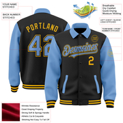 Custom Black Light Blue-Gold Bomber Full-Snap Varsity Letterman Two Tone Lapel Collar Byron Jacket
