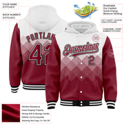 Custom White Crimson-Black Gradient Square Shape 3D Pattern Design Bomber Full-Snap Varsity Letterman Hoodie Jacket