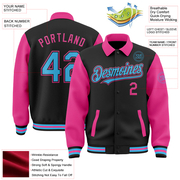 Custom Black Sky Blue-Pink Bomber Full-Snap Varsity Letterman Two Tone Lapel Collar Byron Jacket