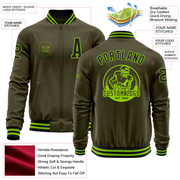 Custom Olive Black-Neon Green Bomber Varsity Letterman Salute To Service Zipper Jacket