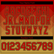 Custom Red Old Gold-Black Gradient Square Shape 3D Pattern Design Bomber Full-Snap Varsity Letterman Hoodie Jacket