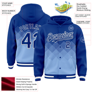 Custom Royal Light Blue-White Gradient Square Shape 3D Pattern Design Bomber Full-Snap Varsity Letterman Hoodie Jacket