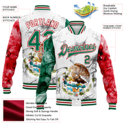 Custom White Kelly Green-Red Mexico 3D Bomber Full-Snap Varsity Letterman Jacket