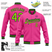 Custom Pink Neon Green-Navy Bomber Full-Snap Varsity Letterman Jacket