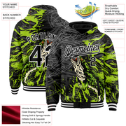 Custom Black Neon Green-White Snakehead Fish Fishing 3D Bomber Full-Snap Varsity Letterman Hoodie Jacket