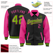 Custom Black Neon Green-Pink Bomber Full-Snap Varsity Letterman Two Tone Lapel Collar Byron Jacket
