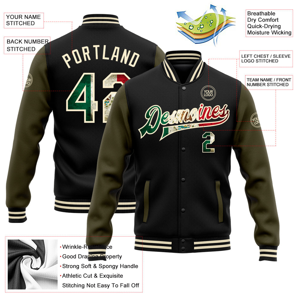 Custom Black Vintage Mexican Flag Cream-Olive Bomber Full-Snap Varsity Letterman Two Tone Jacket