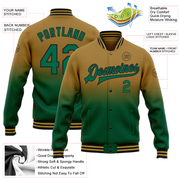 Custom Old Gold Kelly Green-Black Bomber Full-Snap Varsity Letterman Fade Fashion Jacket