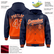 Custom Navy Orange-White Gradient Square Shape 3D Pattern Design Bomber Full-Snap Varsity Letterman Hoodie Jacket