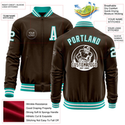 Custom Brown White-Aqua Bomber Varsity Letterman Zipper Jacket
