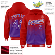 Custom Red Purple-White Gradient Square Shape 3D Pattern Design Bomber Full-Snap Varsity Letterman Hoodie Jacket
