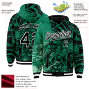 Custom Kelly Green Black-White Barracuda Fish Fishing 3D Bomber Full-Snap Varsity Letterman Hoodie Jacket