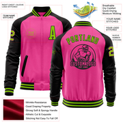 Custom Pink Neon Green-Black Bomber Varsity Letterman Two Tone Zipper Jacket