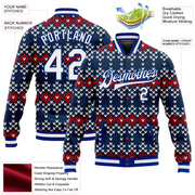 Custom Navy White-Royal Christmas 3D Bomber Full-Snap Varsity Letterman Jacket