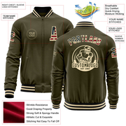 Custom Olive Vintage USA Flag Cream-Black Bomber Varsity Letterman Salute To Service Zipper Jacket