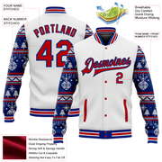 Custom White Red-Royal Christmas 3D Bomber Full-Snap Varsity Letterman Jacket