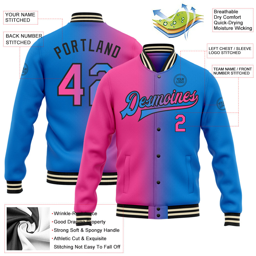Custom Powder Blue Pink-Black Bomber Full-Snap Varsity Letterman Gradient Fashion Jacket