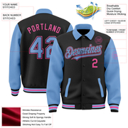 Custom Black Light Blue-Pink Bomber Full-Snap Varsity Letterman Two Tone Lapel Collar Byron Jacket
