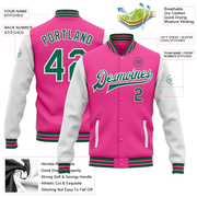 Custom Pink Kelly Green-White Bomber Full-Snap Varsity Letterman Two Tone Jacket
