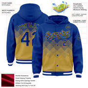 Custom Royal Old Gold-White Gradient Square Shape 3D Pattern Design Bomber Full-Snap Varsity Letterman Hoodie Jacket