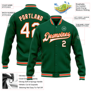 Custom Kelly Green White-Orange Bomber Full-Snap Varsity Letterman Jacket