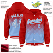Custom Red Light Blue-White Gradient Square Shape 3D Pattern Design Bomber Full-Snap Varsity Letterman Hoodie Jacket