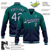 Custom Teal Gray-Navy Bomber Full-Snap Varsity Letterman Fade Fashion Jacket