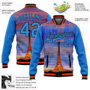 Custom Powder Blue Black-Orange Eiffel Tower Paris France City Edition 3D Bomber Full-Snap Varsity Letterman Jacket