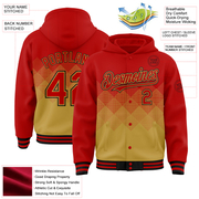Custom Red Old Gold-Black Gradient Square Shape 3D Pattern Design Bomber Full-Snap Varsity Letterman Hoodie Jacket