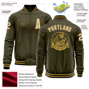 Custom Olive Cream Old Gold-Black Bomber Varsity Letterman Salute To Service Zipper Jacket