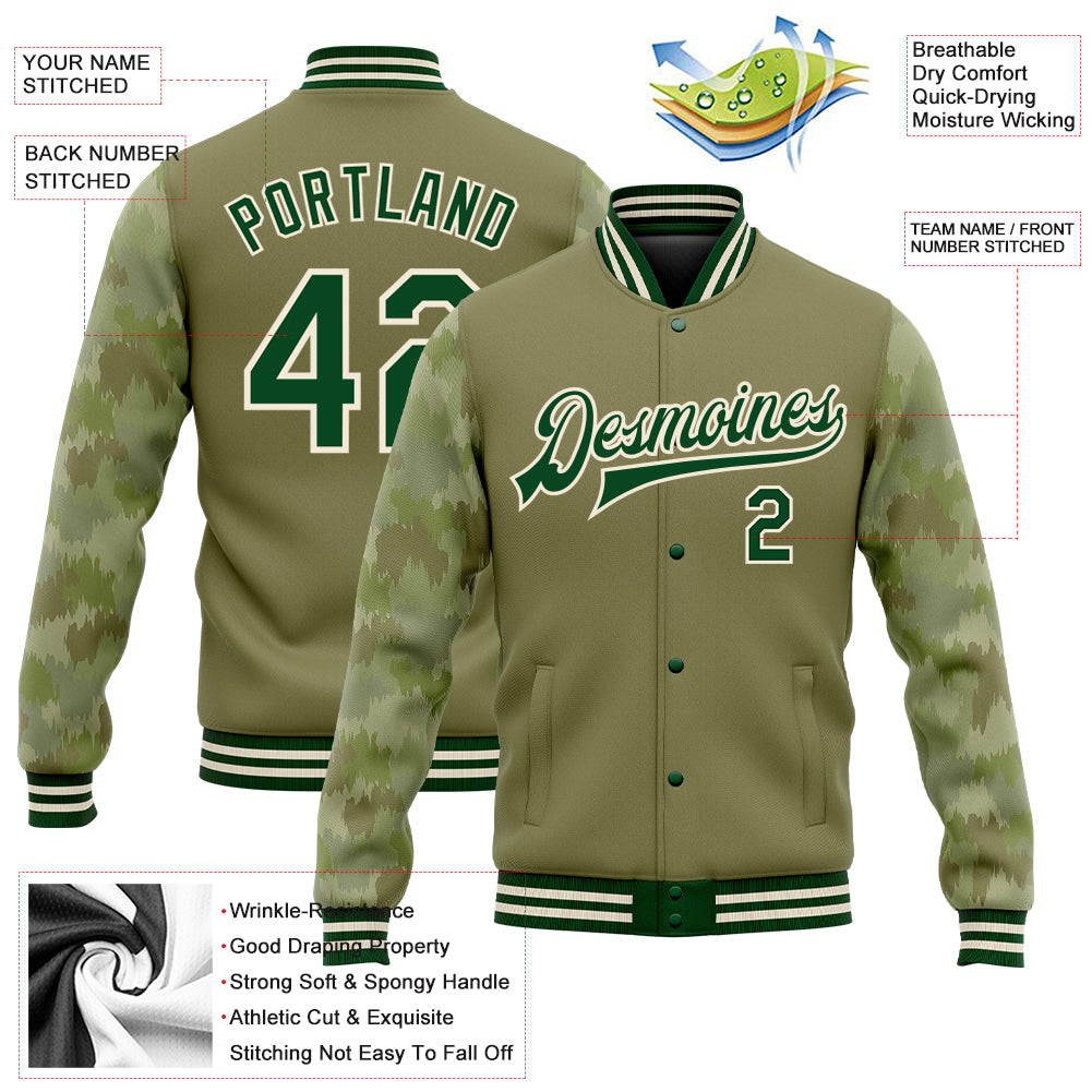 Custom Olive Green-Cream Camo Sleeves 3D Pattern Design Bomber Full-Snap Varsity Letterman Salute To Service Jacket