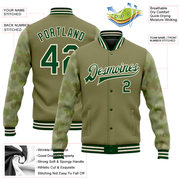 Custom Olive Green-Cream Camo Sleeves 3D Pattern Design Bomber Full-Snap Varsity Letterman Salute To Service Jacket