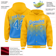 Custom Gold Powder Blue-White Gradient Square Shape 3D Pattern Design Bomber Full-Snap Varsity Letterman Hoodie Jacket