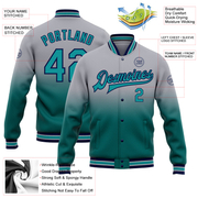 Custom Gray Teal-Navy Bomber Full-Snap Varsity Letterman Fade Fashion Jacket