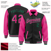 Custom Black Pink-Kelly Green Bomber Full-Snap Varsity Letterman Two Tone Lapel Collar Byron Jacket