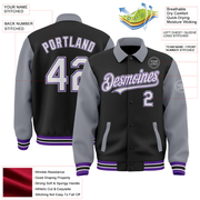 Custom Black Gray-Purple Bomber Full-Snap Varsity Letterman Two Tone Lapel Collar Byron Jacket