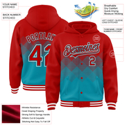 Custom Red Teal-White Gradient Square Shape 3D Pattern Design Bomber Full-Snap Varsity Letterman Hoodie Jacket