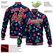 Custom Navy Red-White Christmas 3D Bomber Full-Snap Varsity Letterman Jacket