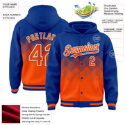 Custom Royal Orange-White Gradient Square Shape 3D Pattern Design Bomber Full-Snap Varsity Letterman Hoodie Jacket