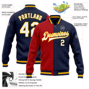 Custom Navy White Red-Gold Bomber Full-Snap Varsity Letterman Split Fashion Jacket